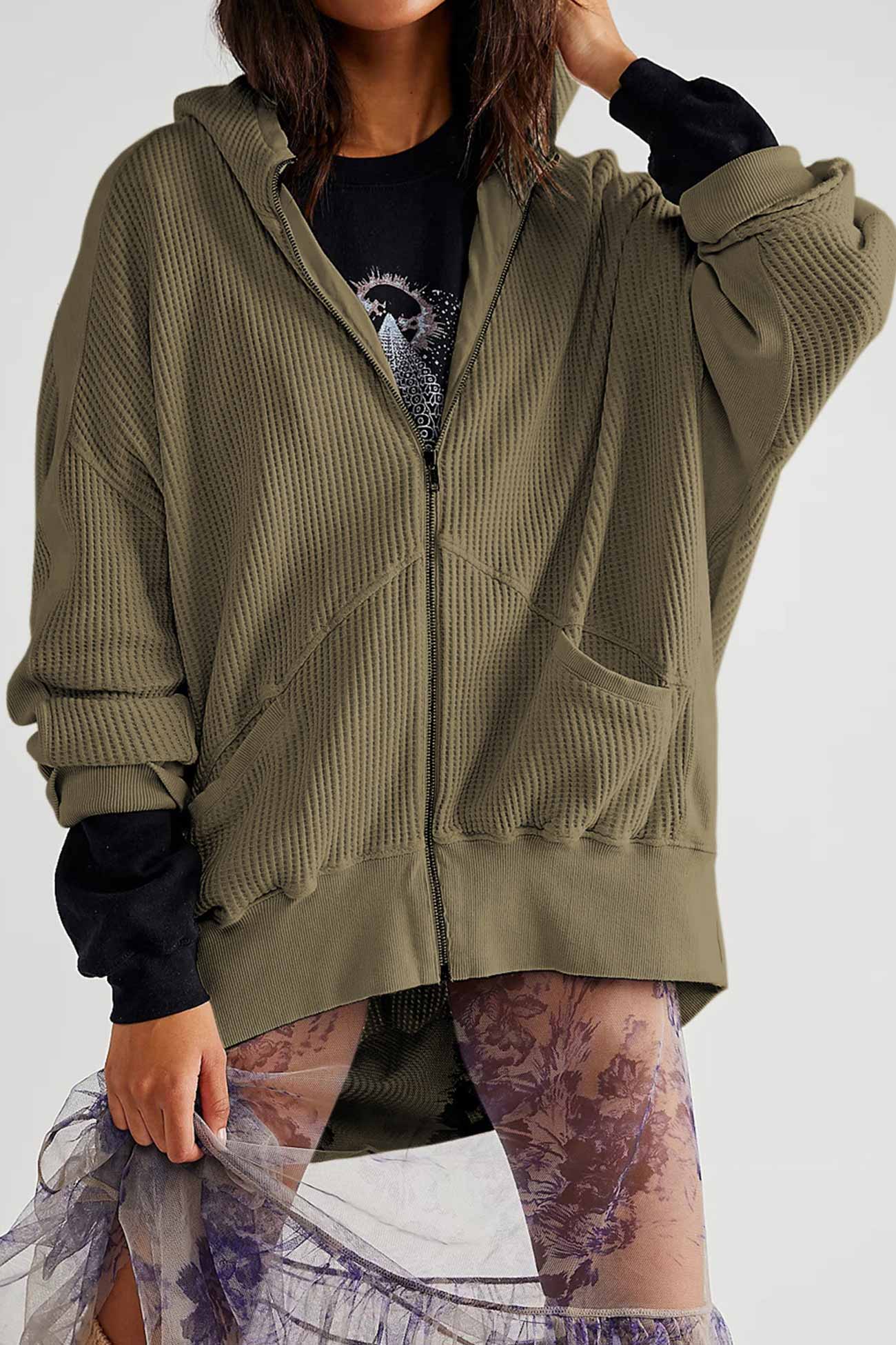 Petra | Solid color waffle zip hoodie
