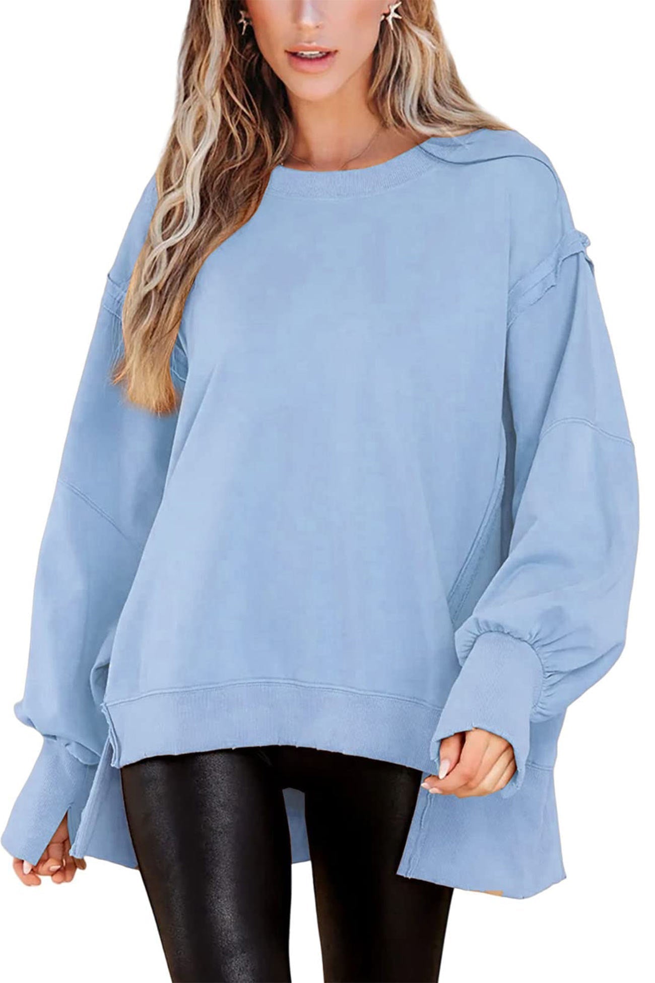 Greta | Solid long sleeve slit crew neck sweatshirt
