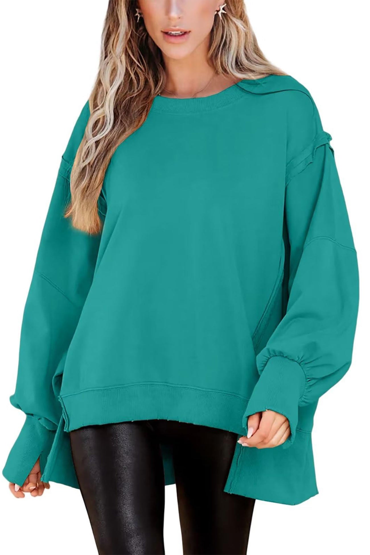 Greta | Solid long sleeve slit crew neck sweatshirt