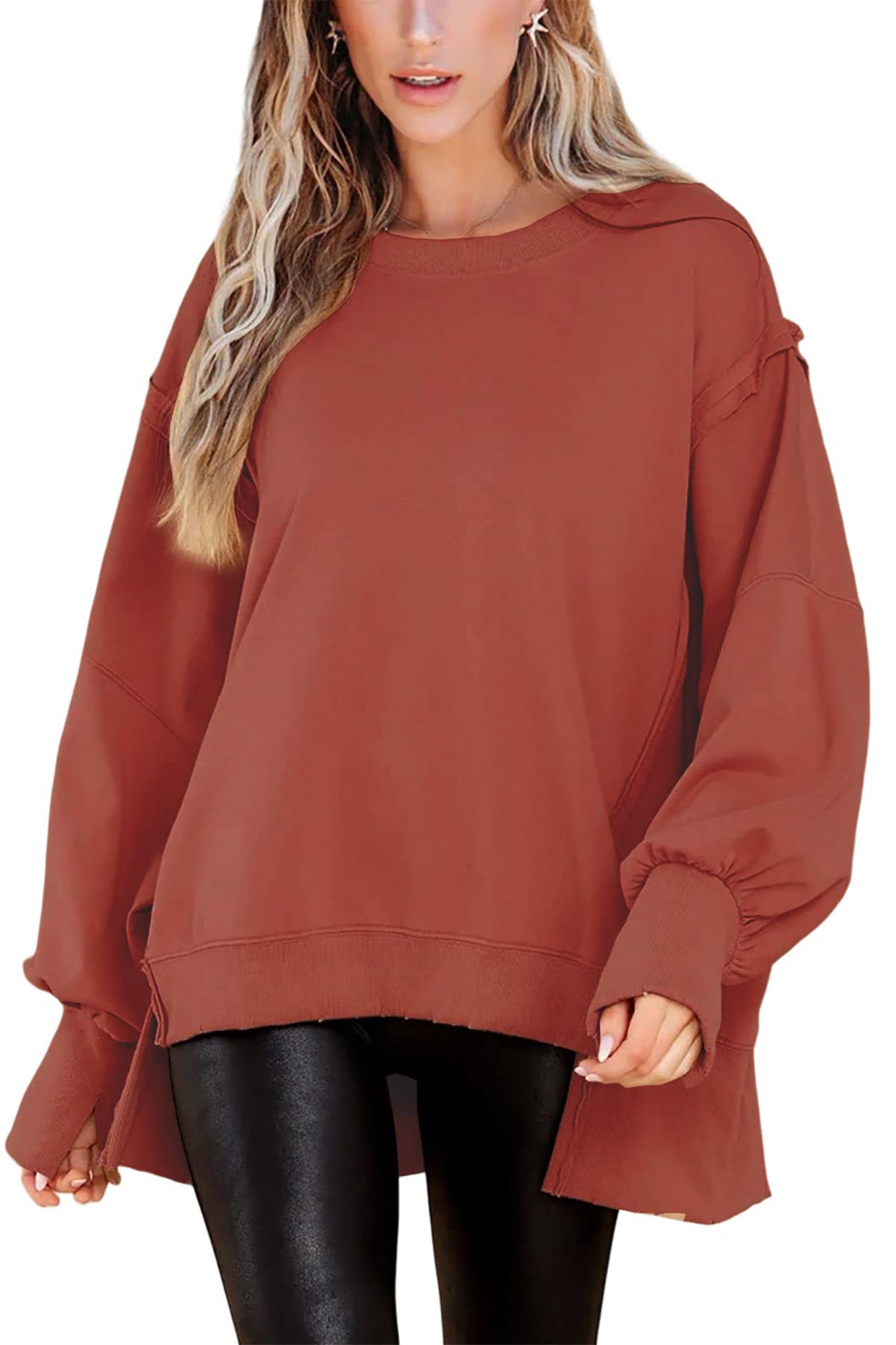 Greta | Solid long sleeve slit crew neck sweatshirt