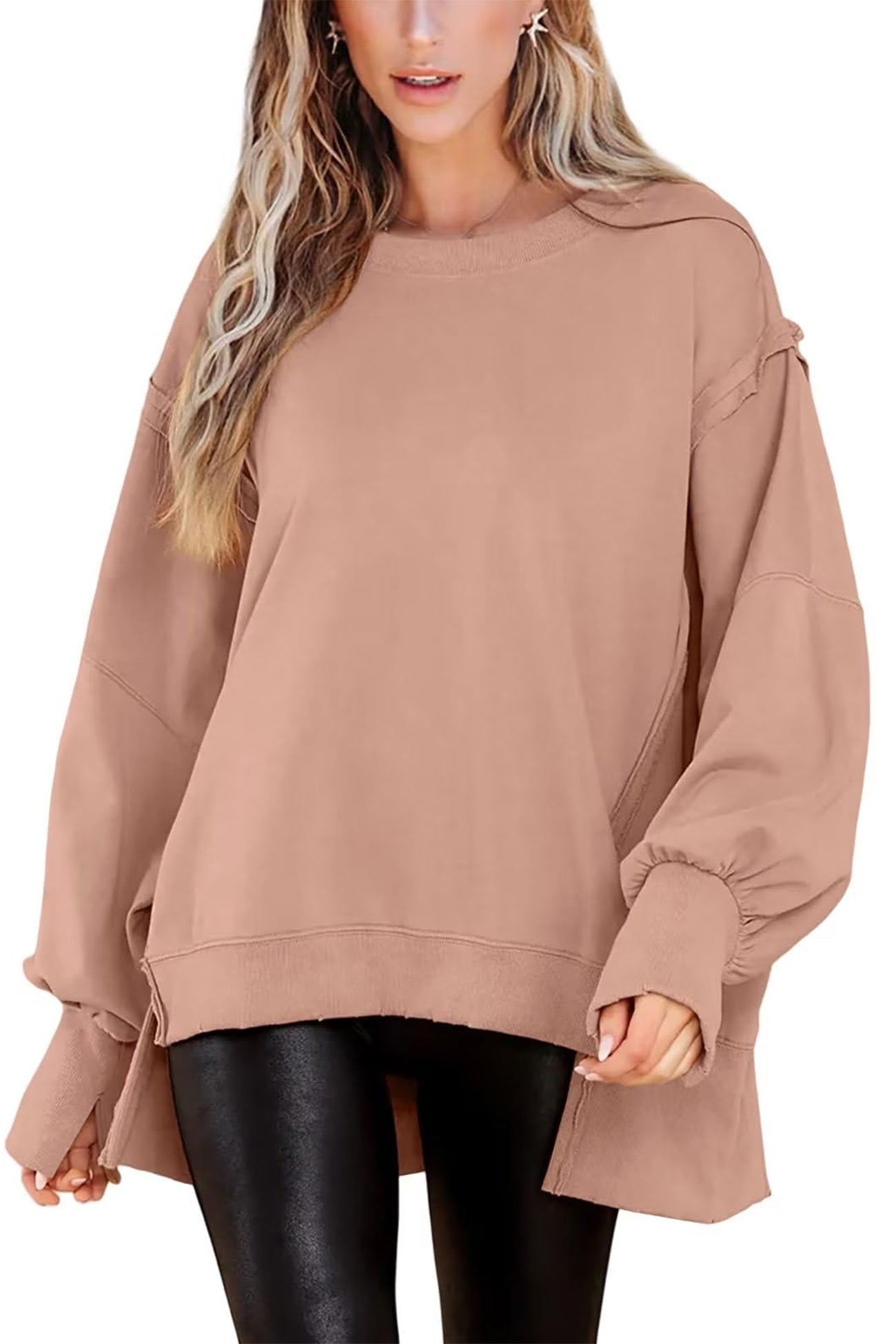 Greta | Solid long sleeve slit crew neck sweatshirt