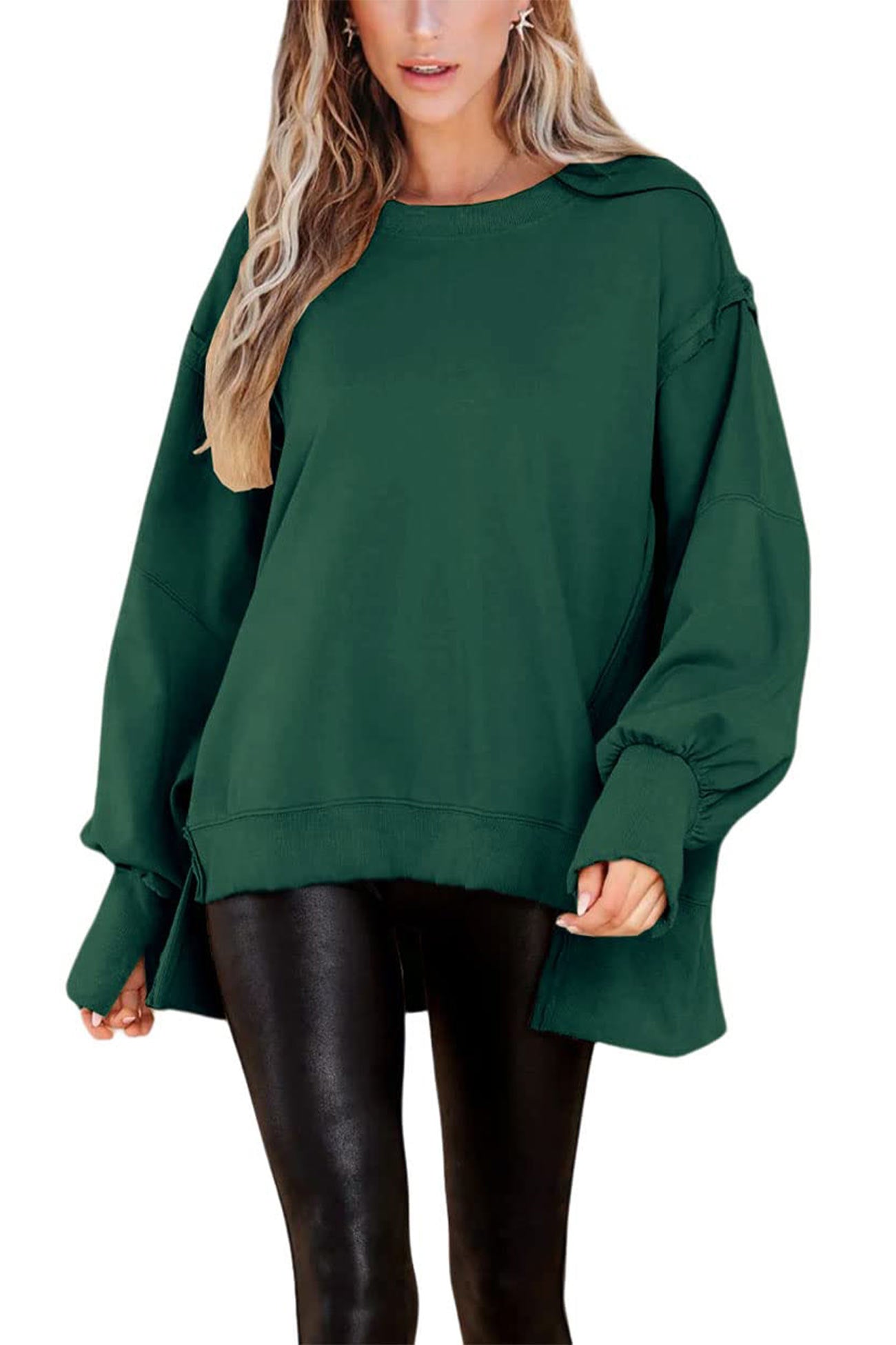 Greta | Solid long sleeve slit crew neck sweatshirt