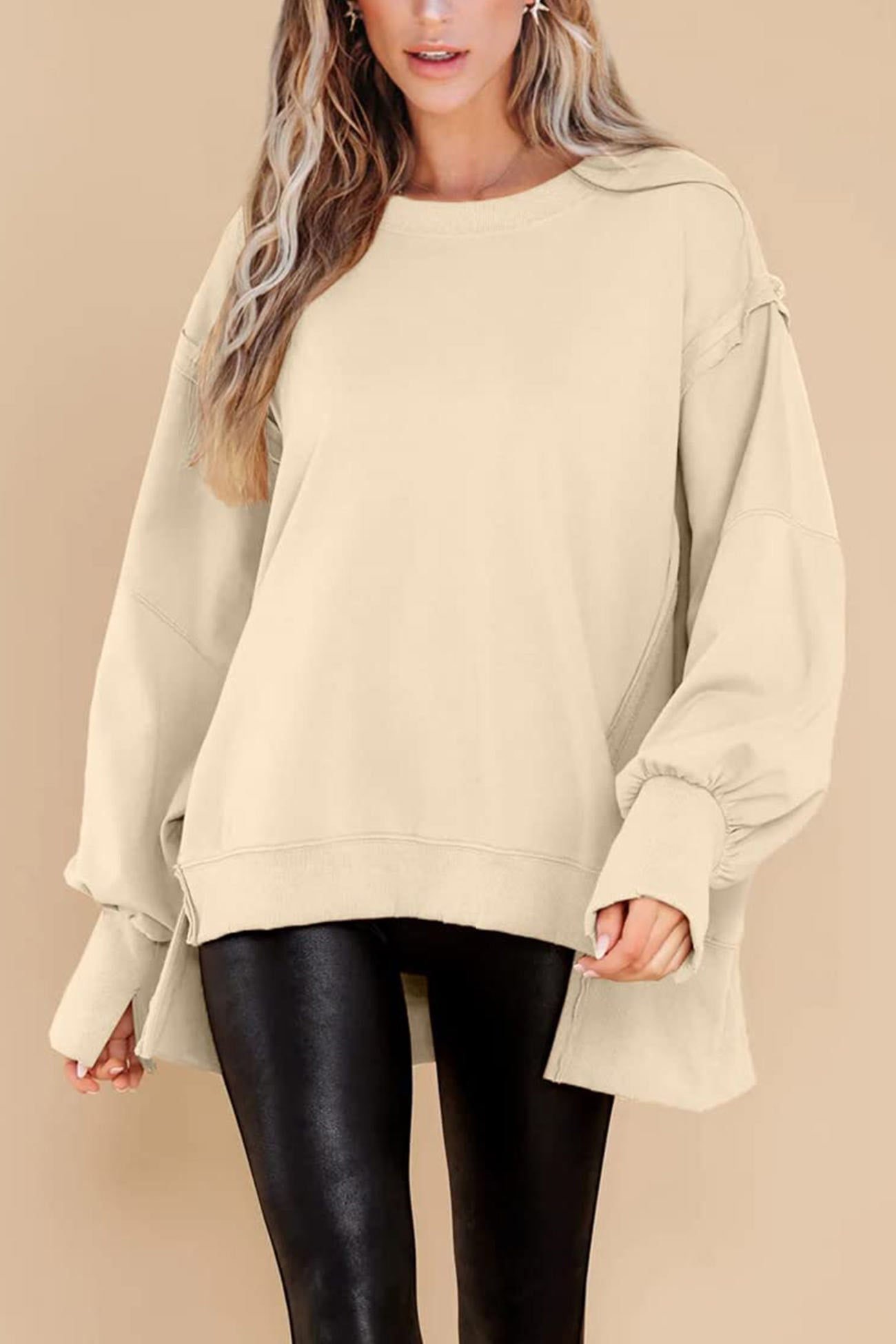 Greta | Solid long sleeve slit crew neck sweatshirt