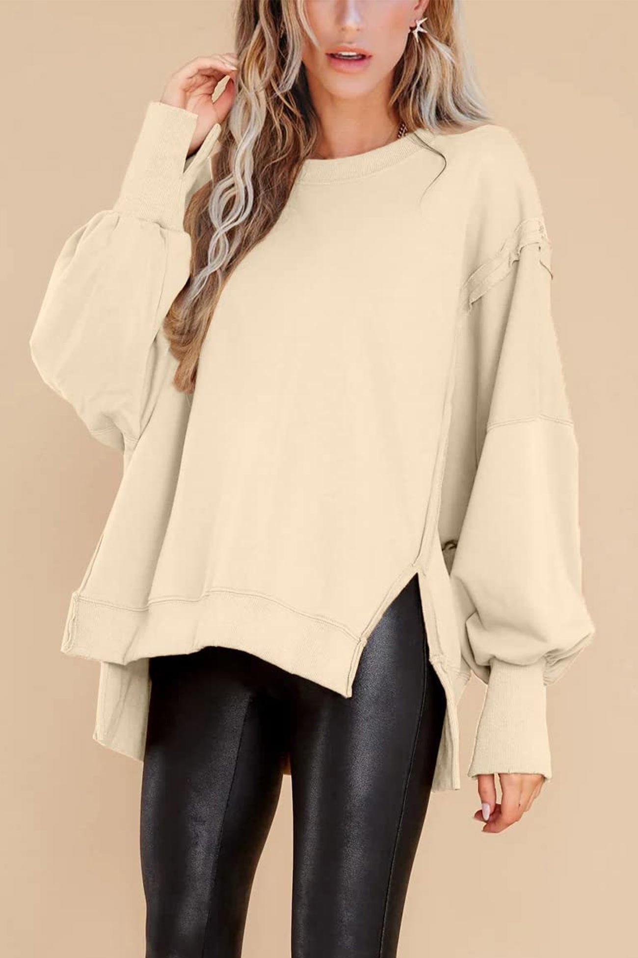 Greta | Solid long sleeve slit crew neck sweatshirt