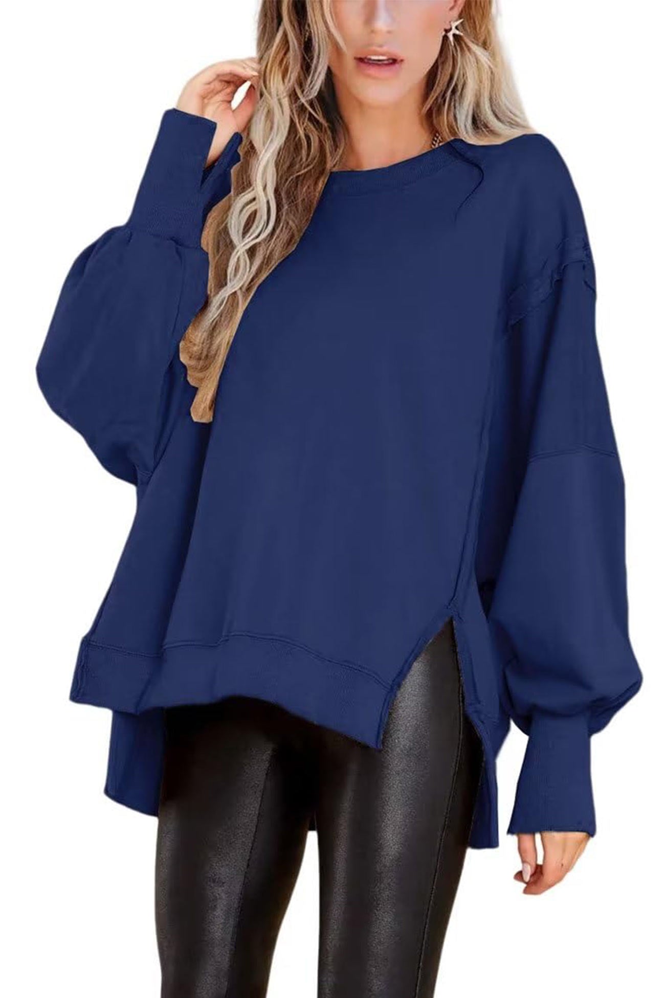 Greta | Solid long sleeve slit crew neck sweatshirt