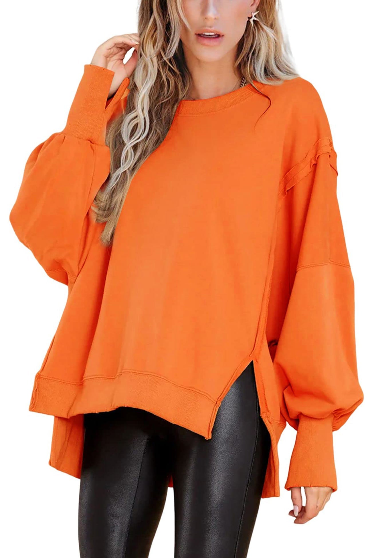 Greta | Solid long sleeve slit crew neck sweatshirt