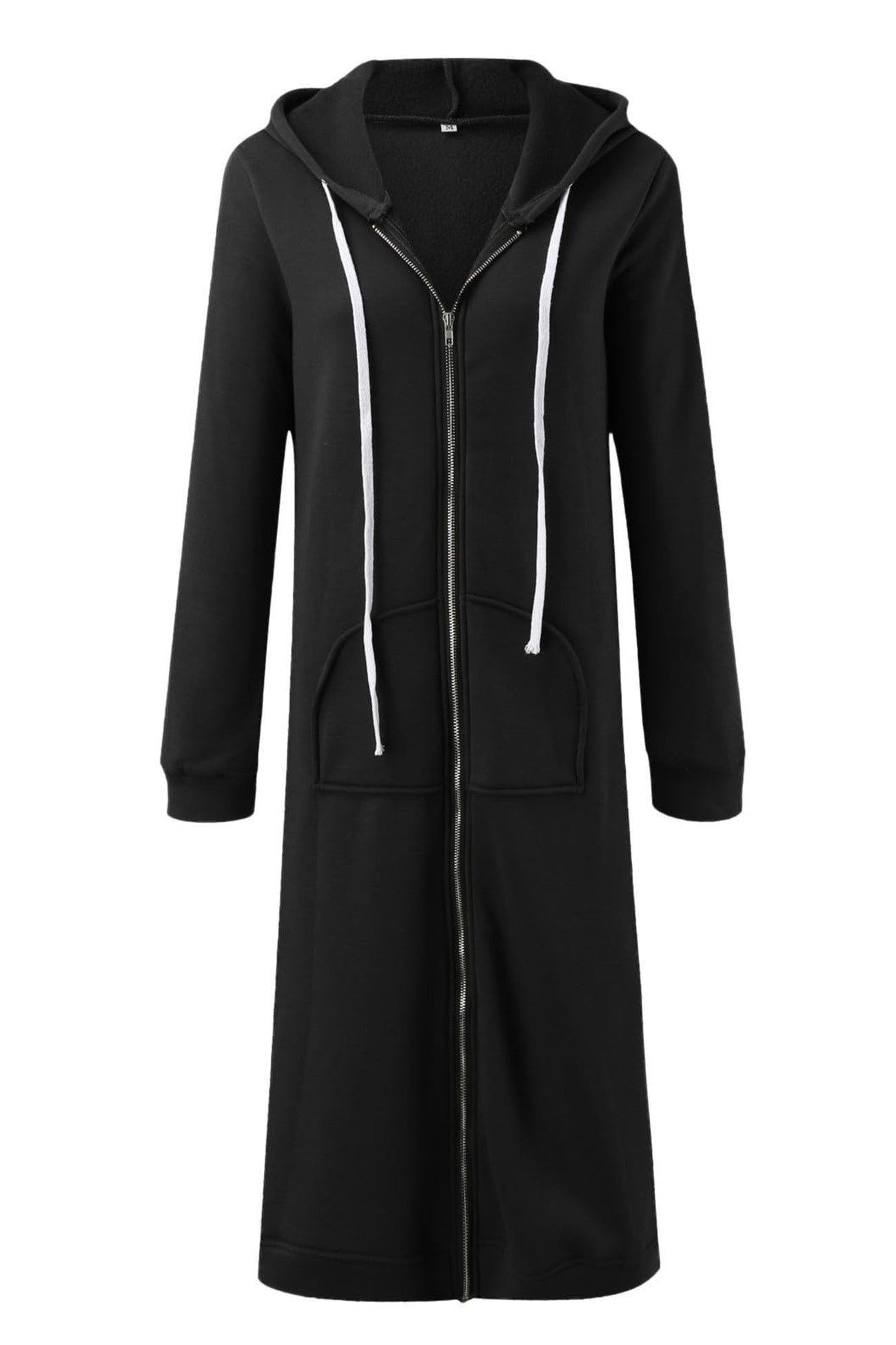 Jacqueline | Solid long cardigan with hood and drawstring and zip fastening