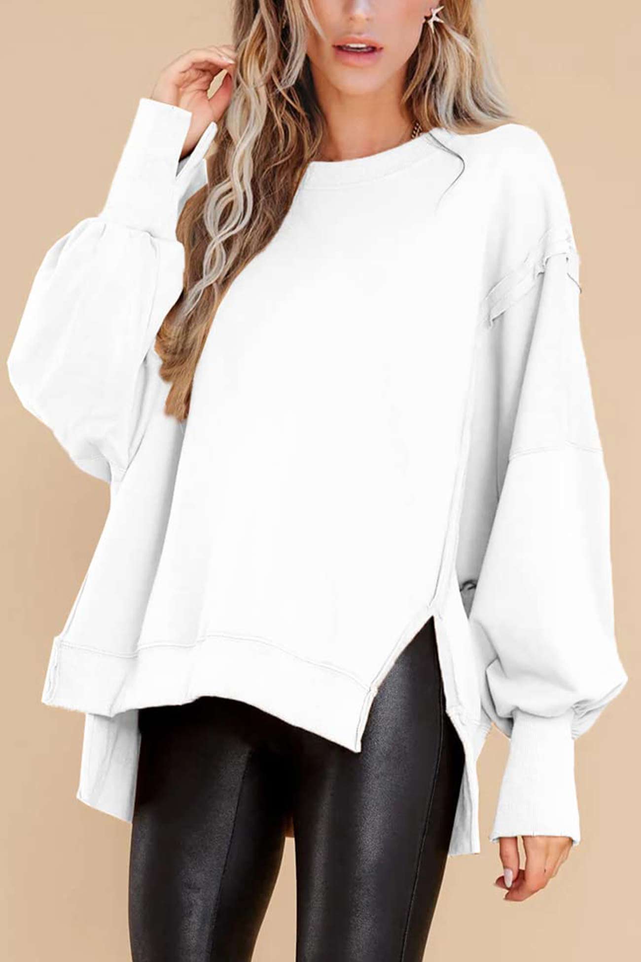 Greta | Solid long sleeve slit crew neck sweatshirt