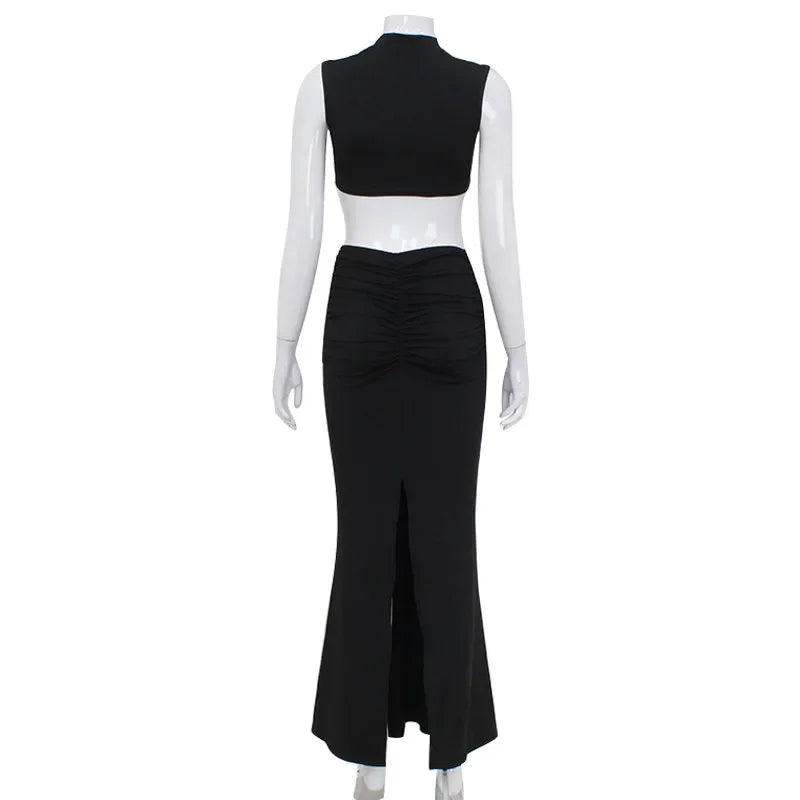 Elegant Hollow Back Sexy Solid Color Turtle Neck Sleeveless Dress Party Dress