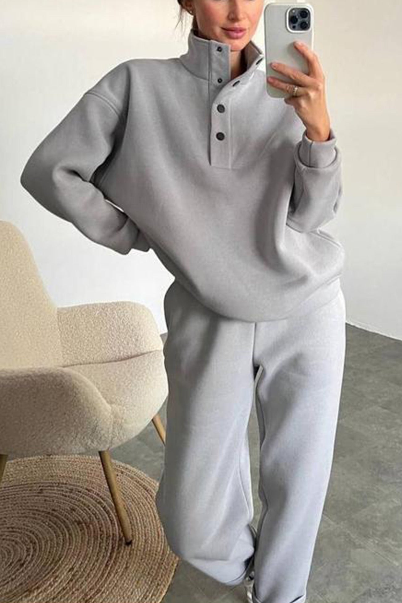 Anya | Stand collar button down sweatshirt suits