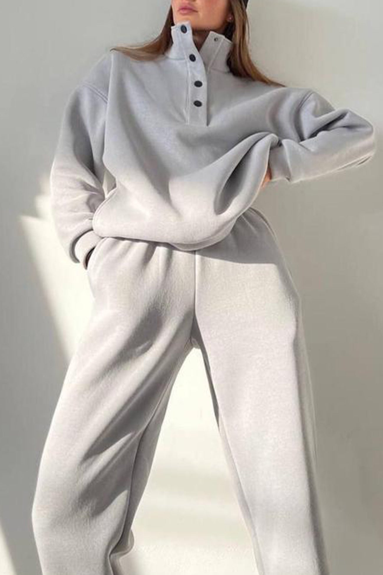 Anya | Stand collar button down sweatshirt suits