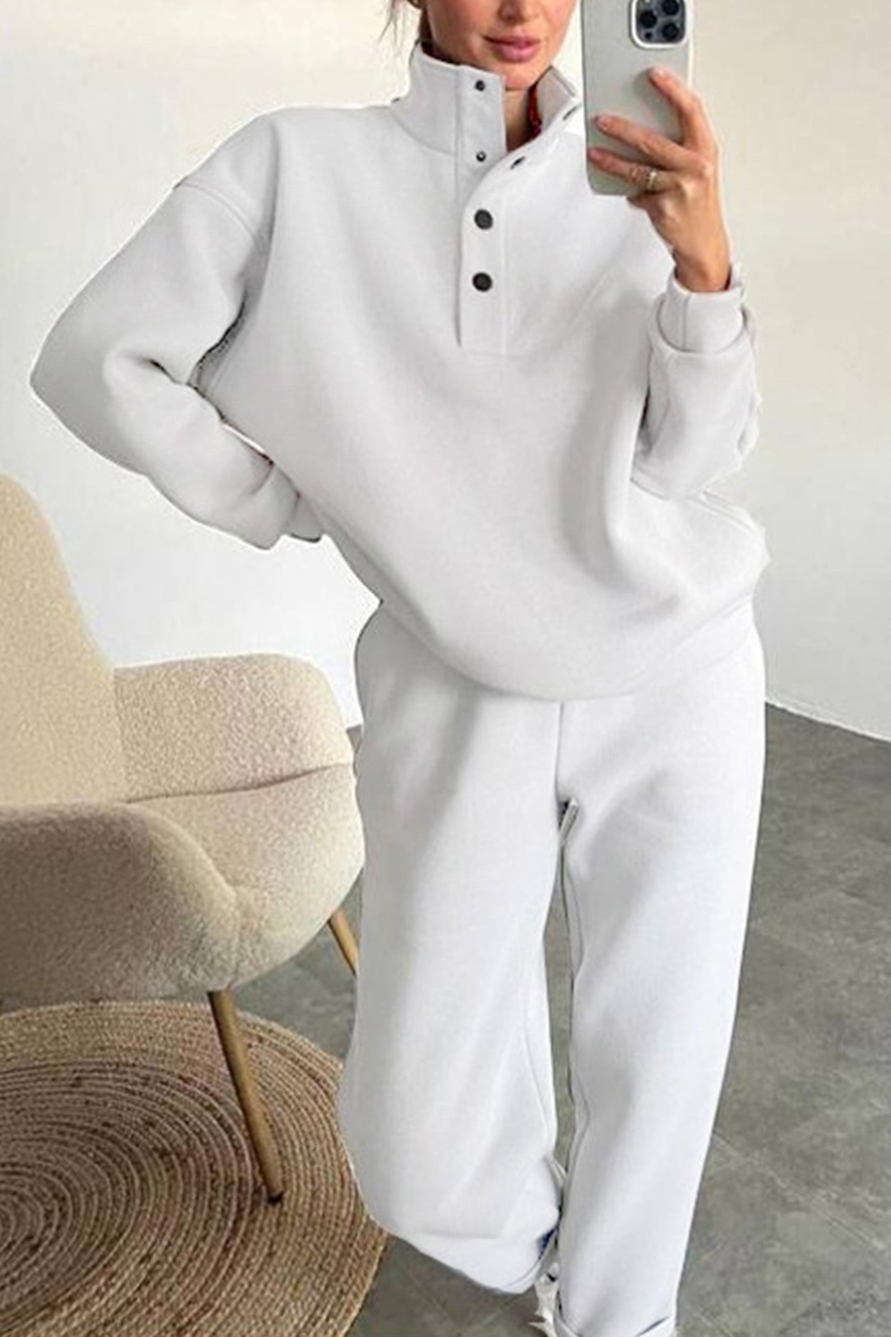 Anya | Stand collar button down sweatshirt suits