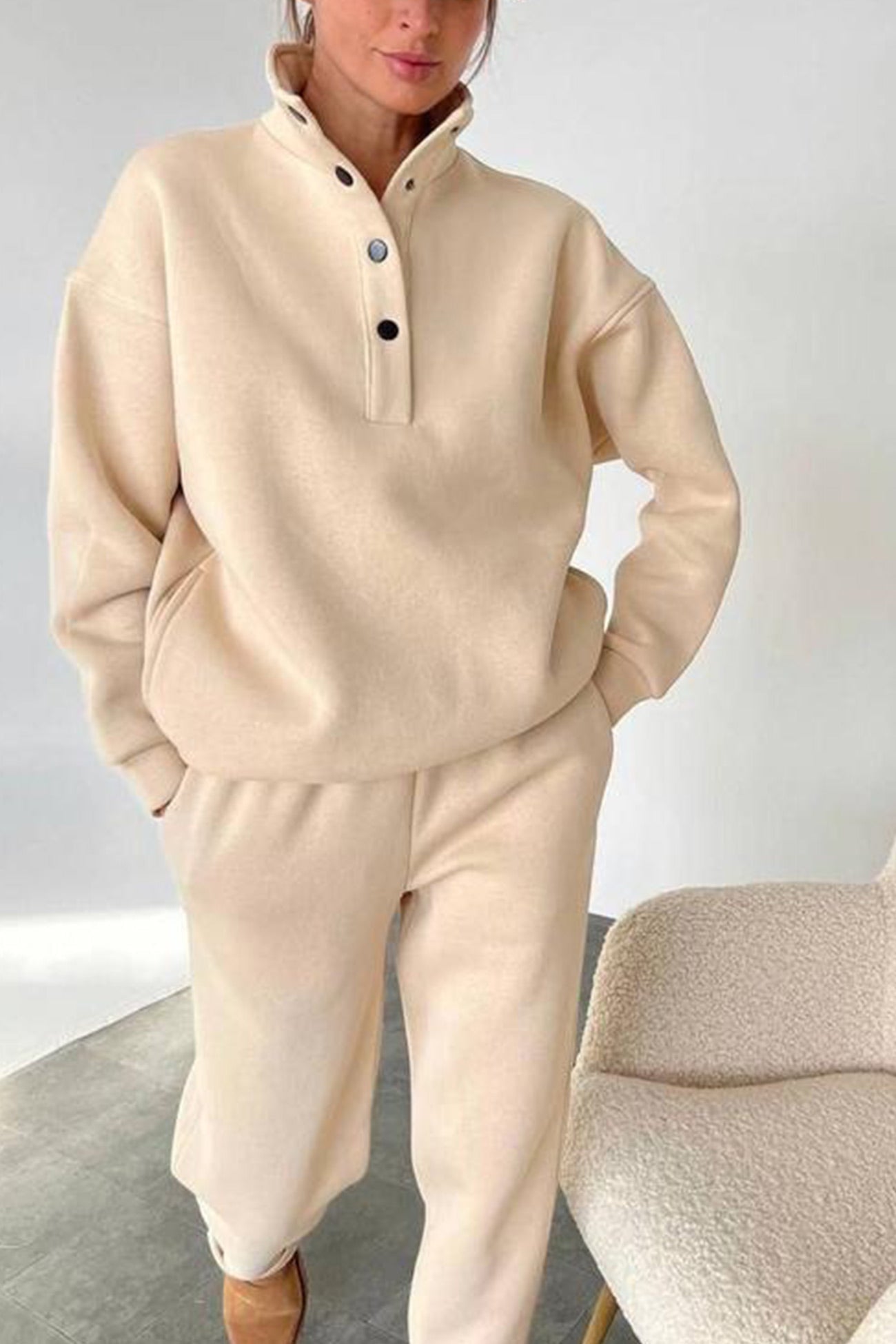 Anya | Stand collar button down sweatshirt suits
