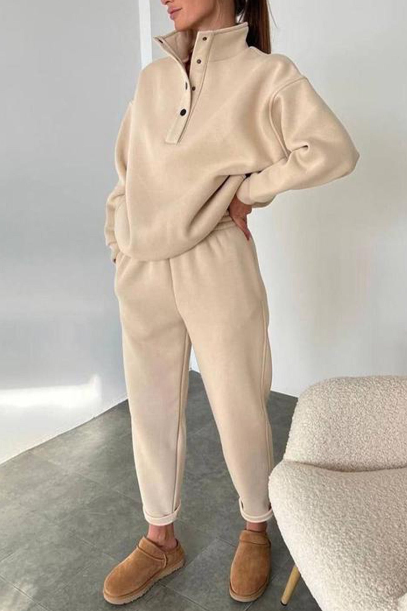 Anya | Stand collar button down sweatshirt suits