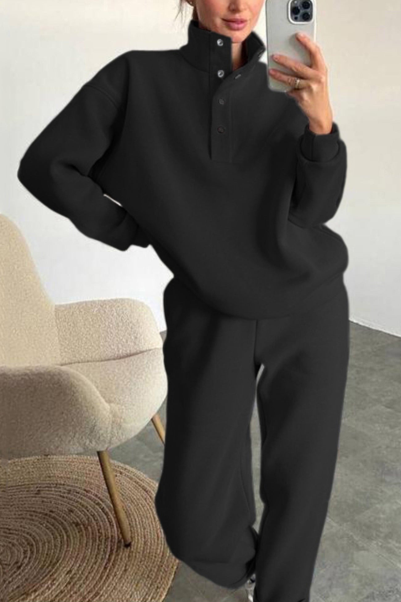 Anya | Stand collar button down sweatshirt suits