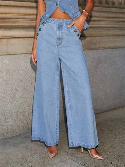Streetwear Denim Wide Leg Office Two Piece Set