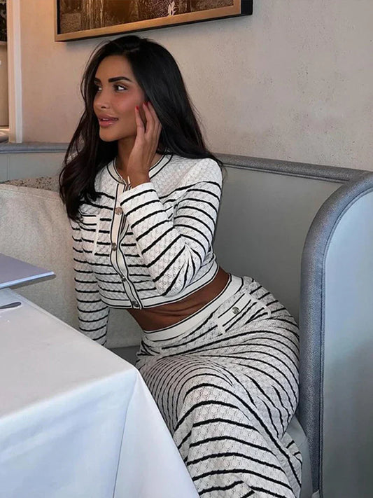 Striped Hollow Knitted High Waist Office Two Piece Set