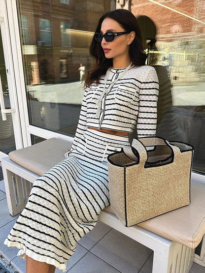 Striped Hollow Knitted High Waist Office Two Piece Set