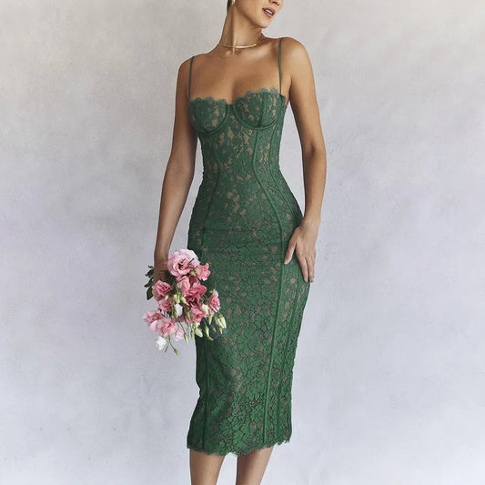 Elegant Spaghetti Strap V Neck Lace Formal Occasion Dress for Party