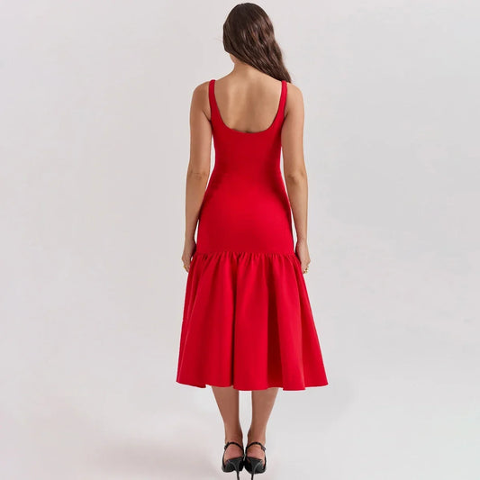 Elegant Red Spaghetti Strap Midi Holiday Dress Casual Birthday Party Dresses Party Dress