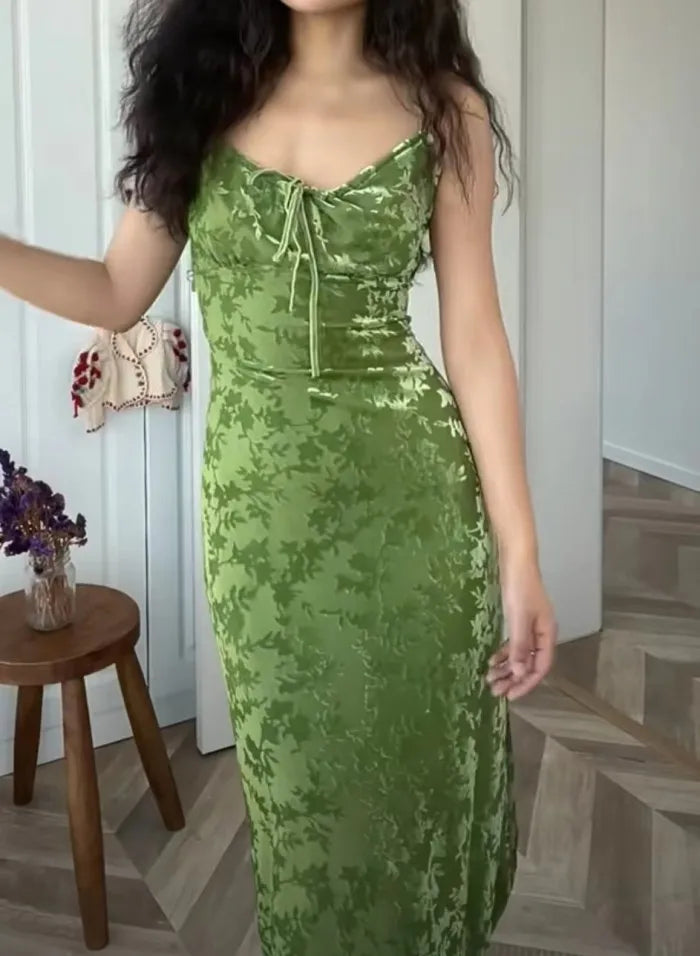 Vintage Green Velvet Burnt Flower Long Strap Backless Sleeveless Boho Party Dress