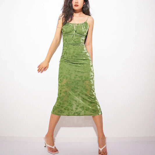 Vintage Green Velvet Burnt Flower Long Strap Backless Sleeveless Boho Party Dress