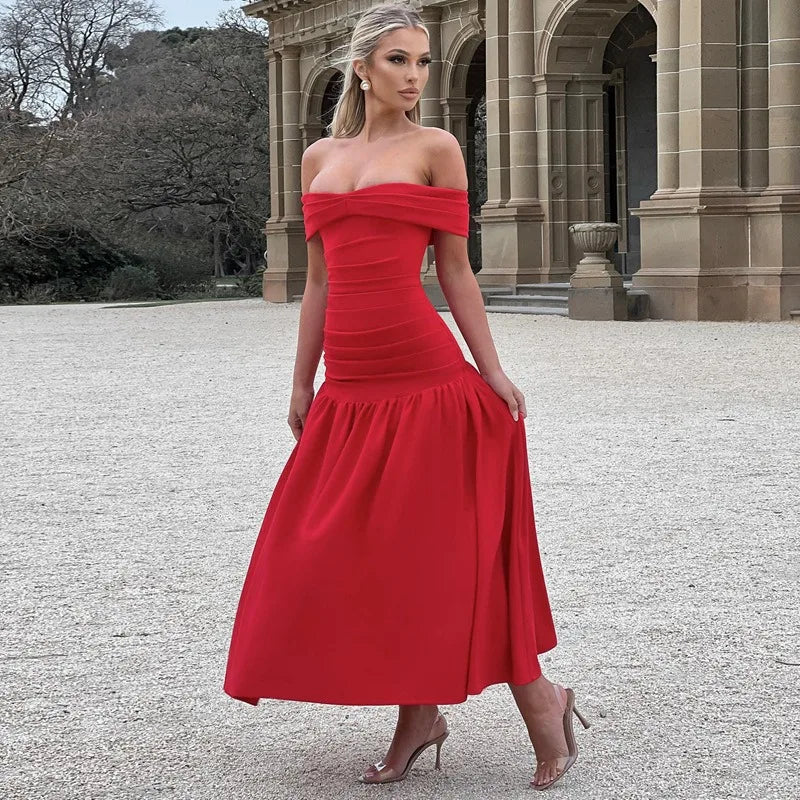 Elegant Backless Patchwork Long Red Sleeveless Bandeau Solid Pleated Wide Skirt Party Dress