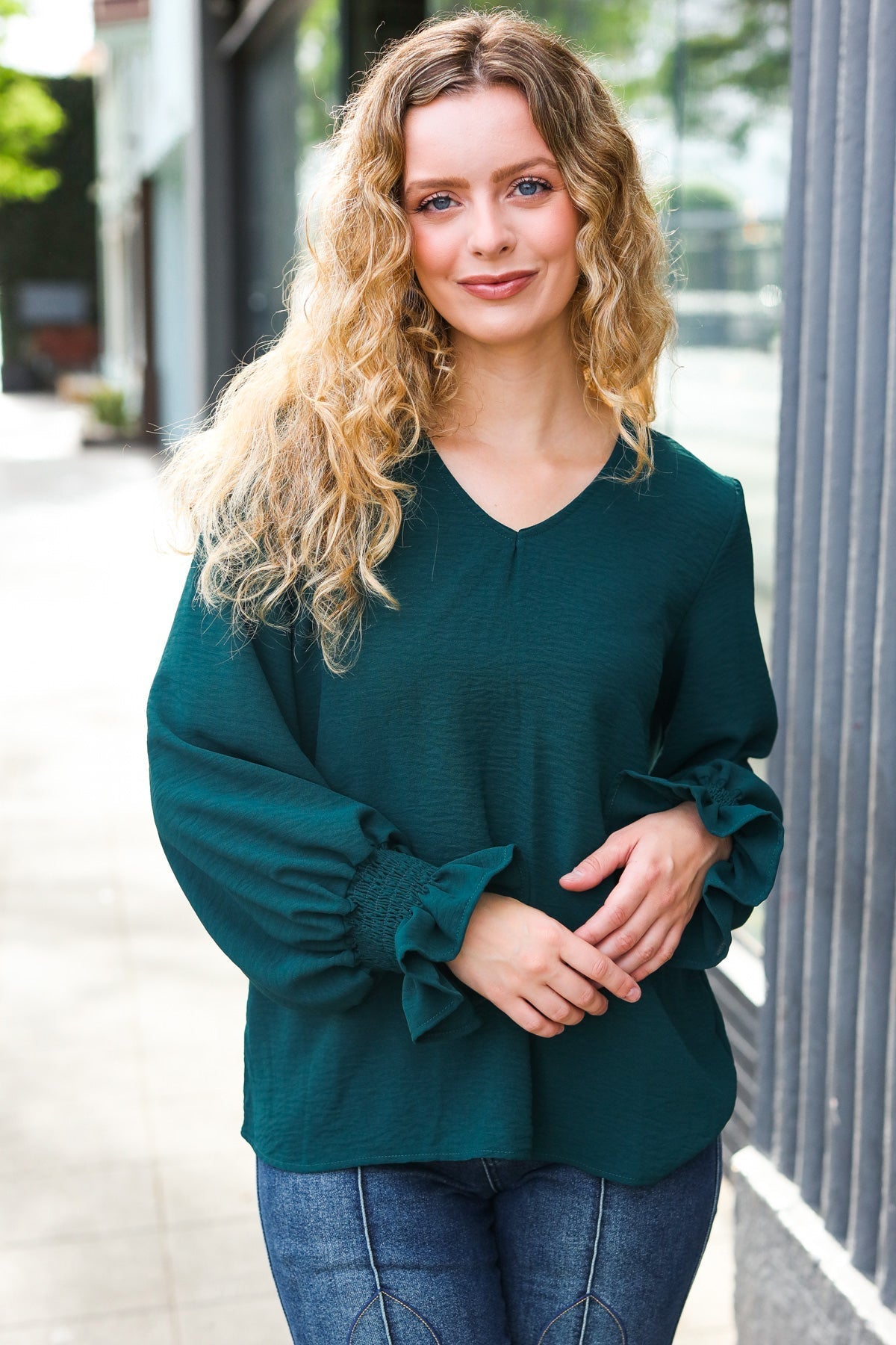 Nadine | Hello beautiful hunter green smocked woven top with bubble sleeves