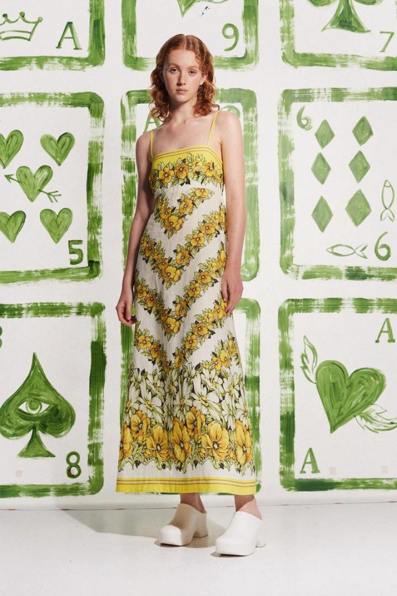 Wilhelmina® | Yellow Spaghetti Strap Maxi Dress With Floral Print