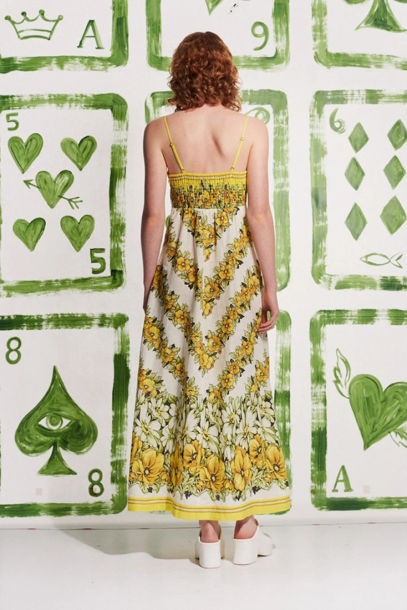 Wilhelmina® | Yellow Spaghetti Strap Maxi Dress With Floral Print