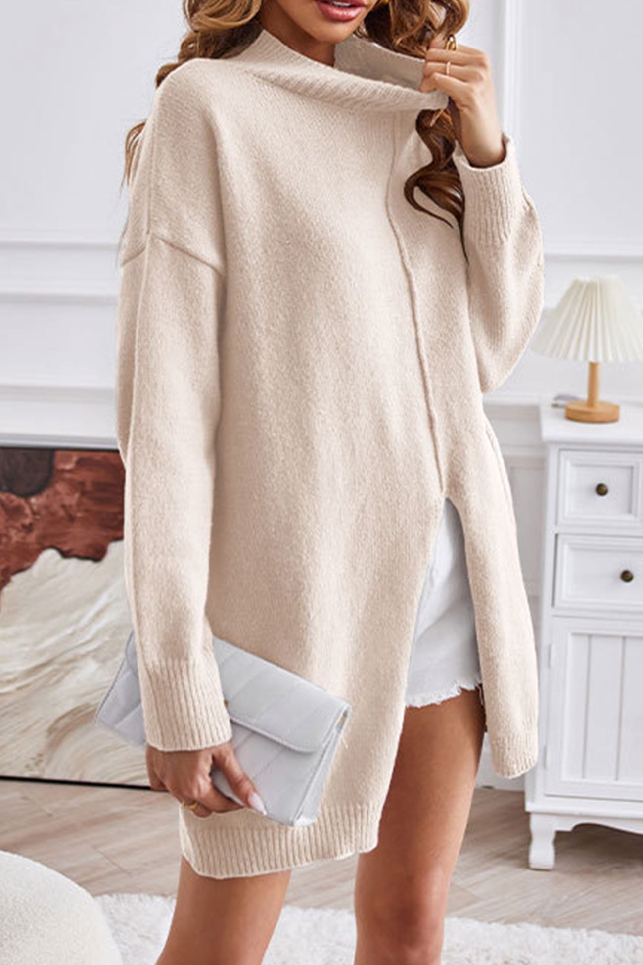 Helga | Turtleneck sweater, front slit, mid-length sweater