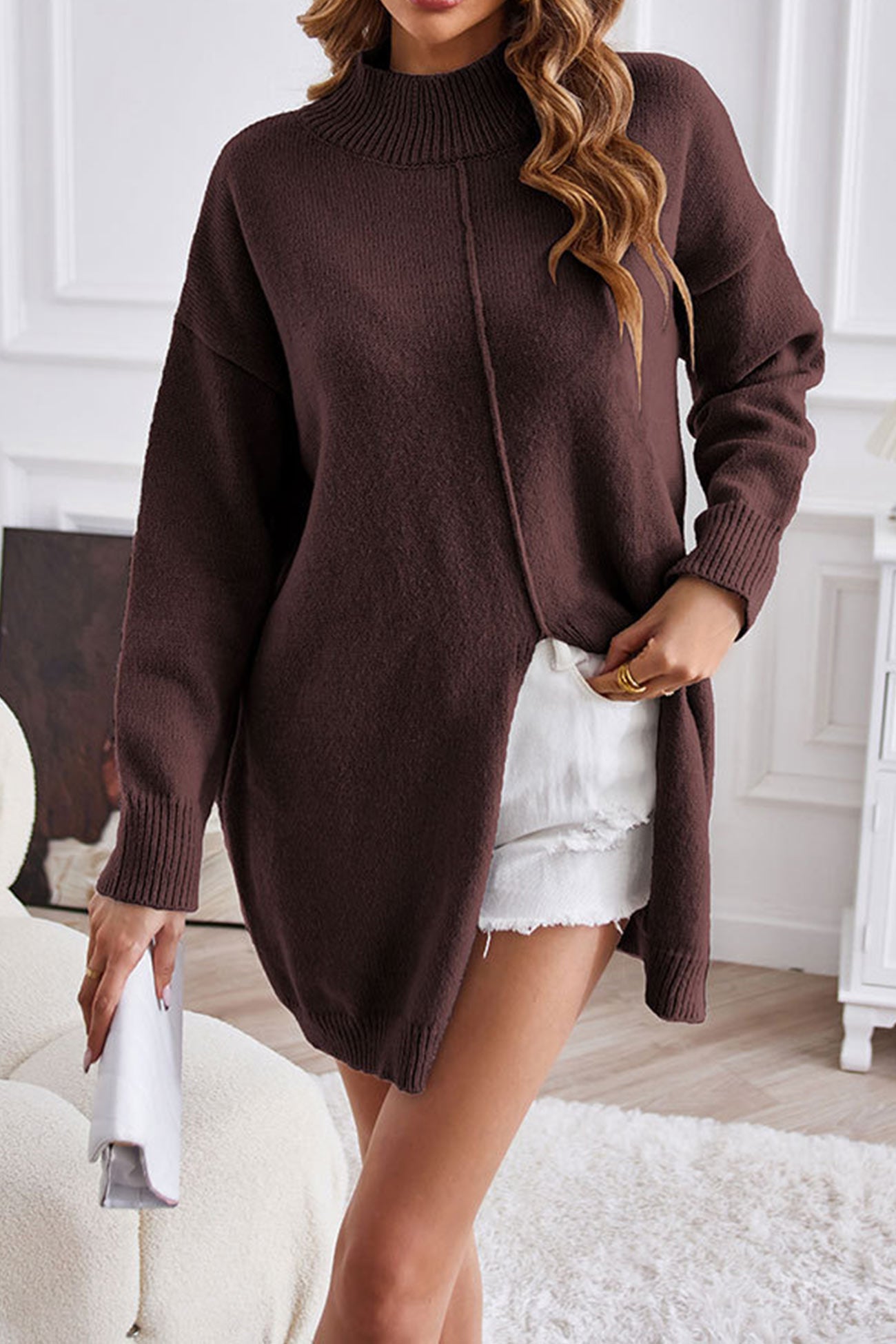 Helga | Turtleneck sweater, front slit, mid-length sweater