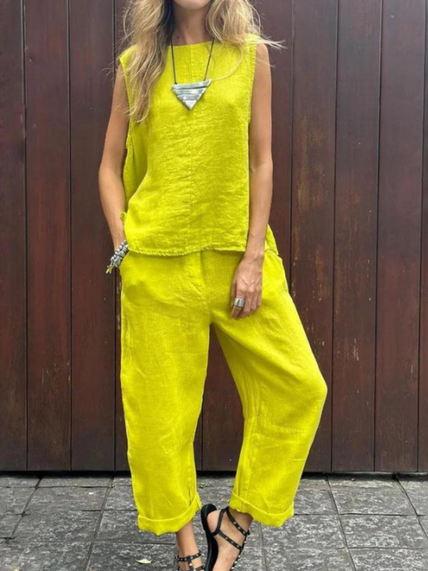 Samantha® | Casual Sleeveless Cotton And Linen Top And Pants Set