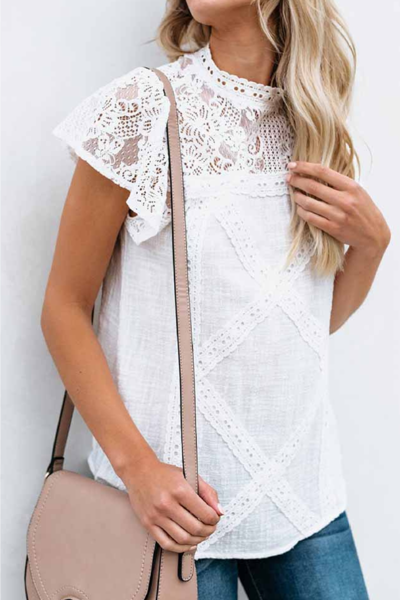 Edvige® | Chic Short-Sleeved Geometric Lace Blouse