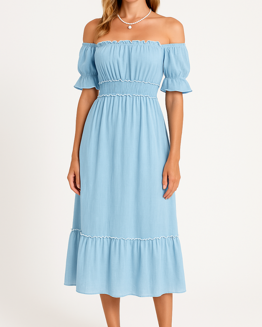 Jamie® | Elegant Off-The-Shoulder Midi Dress