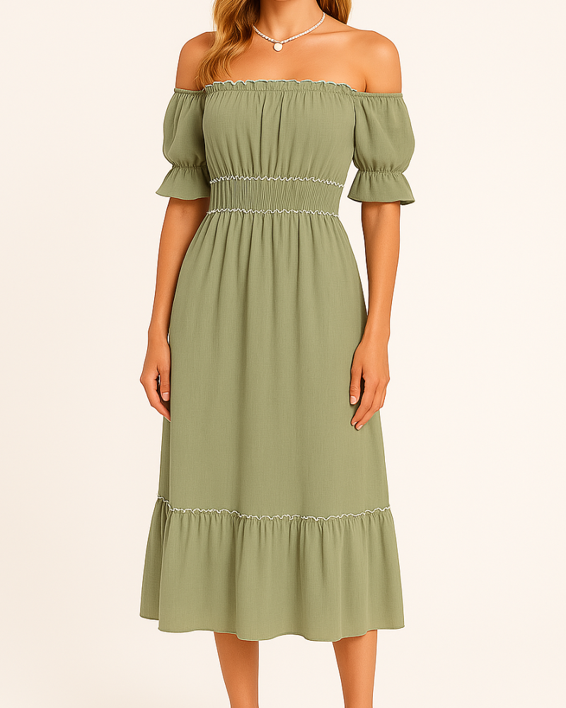 Jamie® | Elegant Off-The-Shoulder Midi Dress