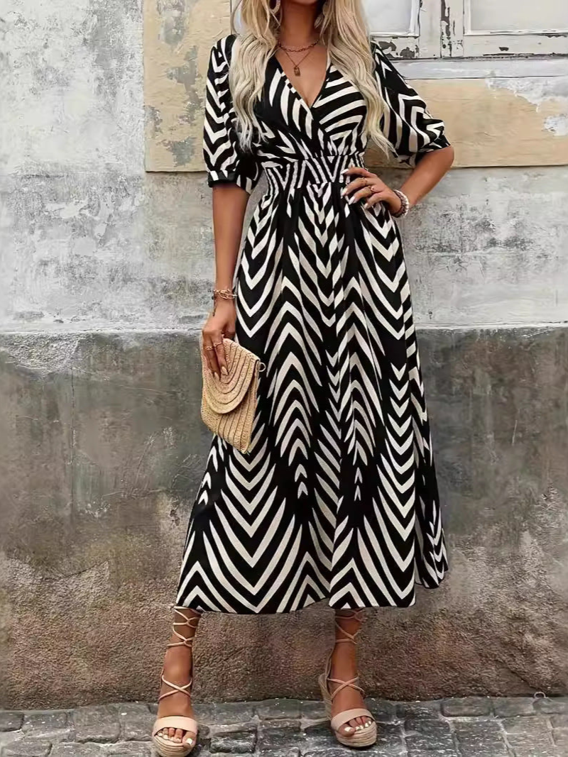 Isabella® | Elegant V-Neck Dress With Geometric Print