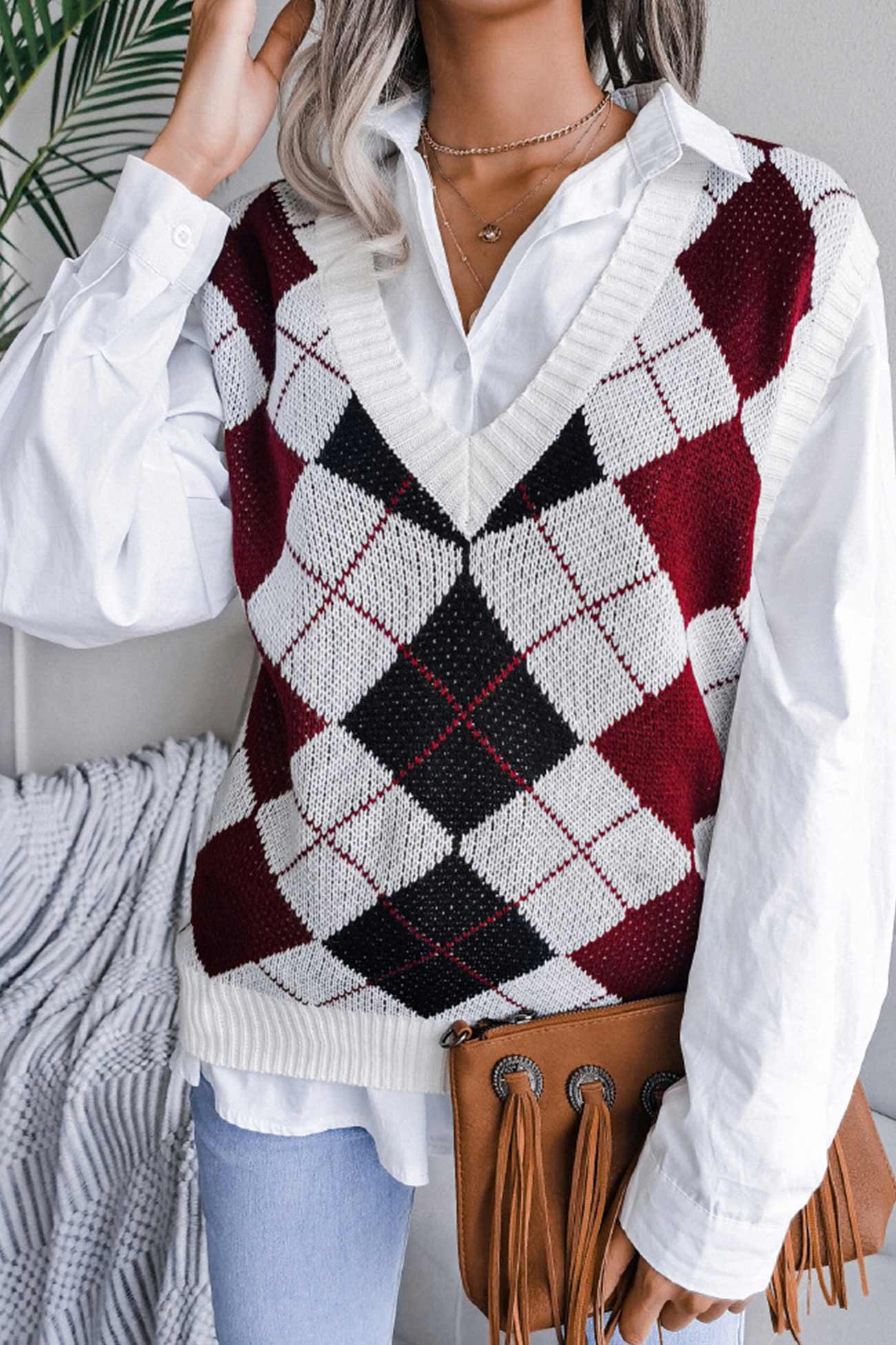 Milena | Checked knit tank top with V-neck