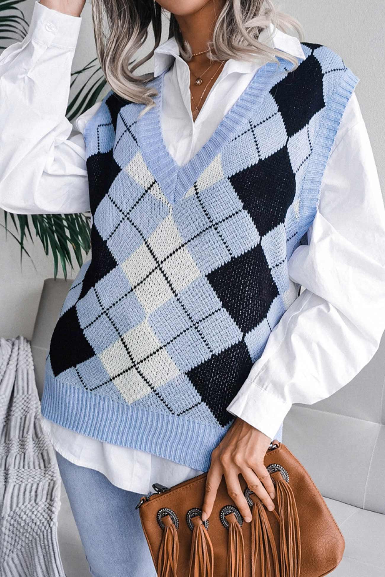 Milena | Checked knit tank top with V-neck