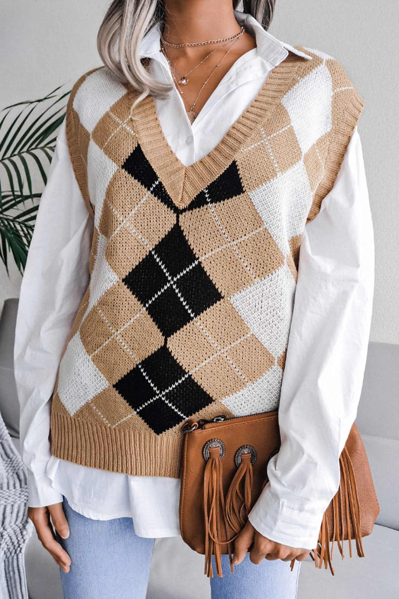 Milena | Checked knit tank top with V-neck