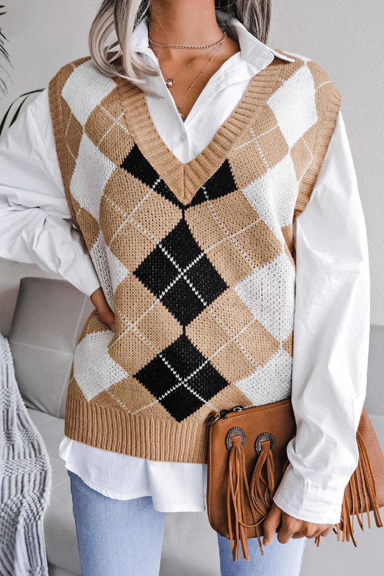 Milena | Checked knit tank top with V-neck