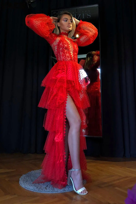 Elegant Lace Hollow Out A-Line Full Sleeve Red Party Dress