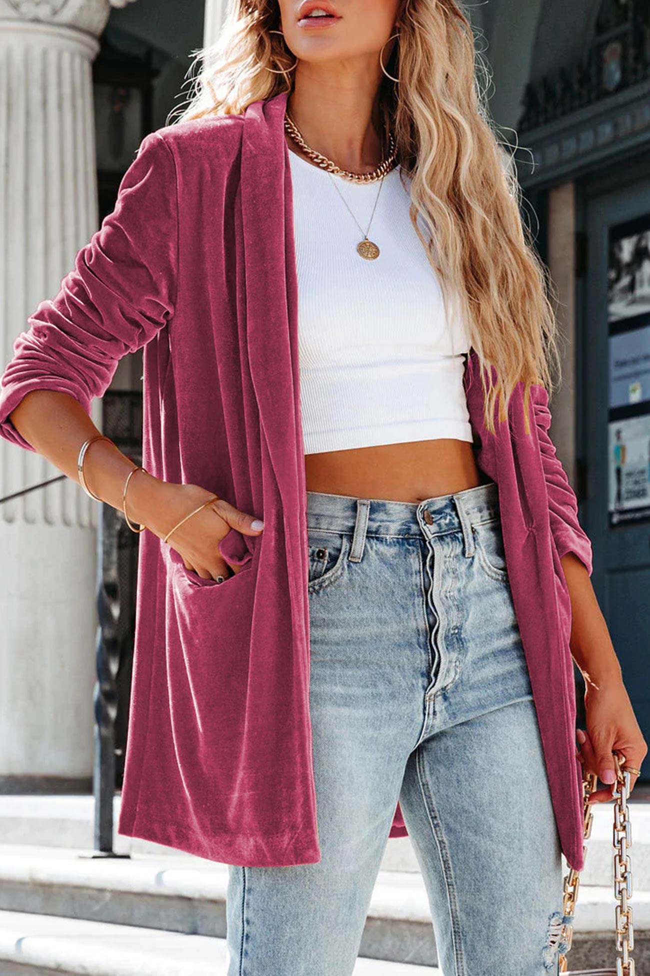 Miranda | Mid-length coat made of sturdy velvet with pockets