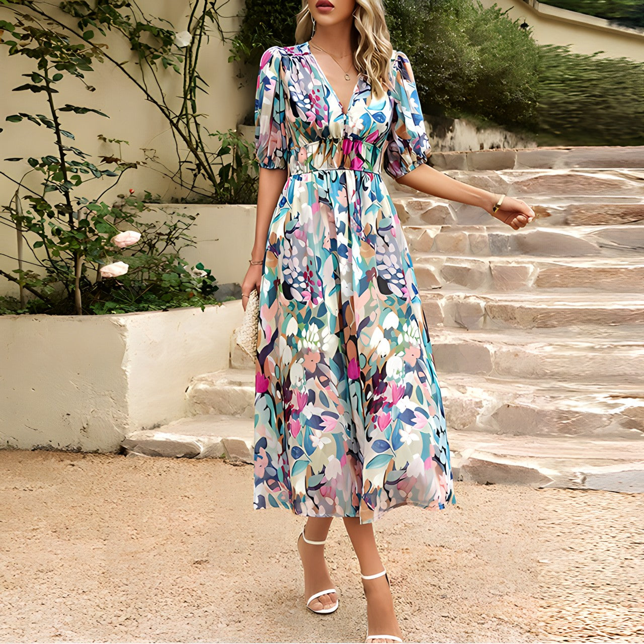 Nadia® | V-Neck Midi Dress Summer Dress