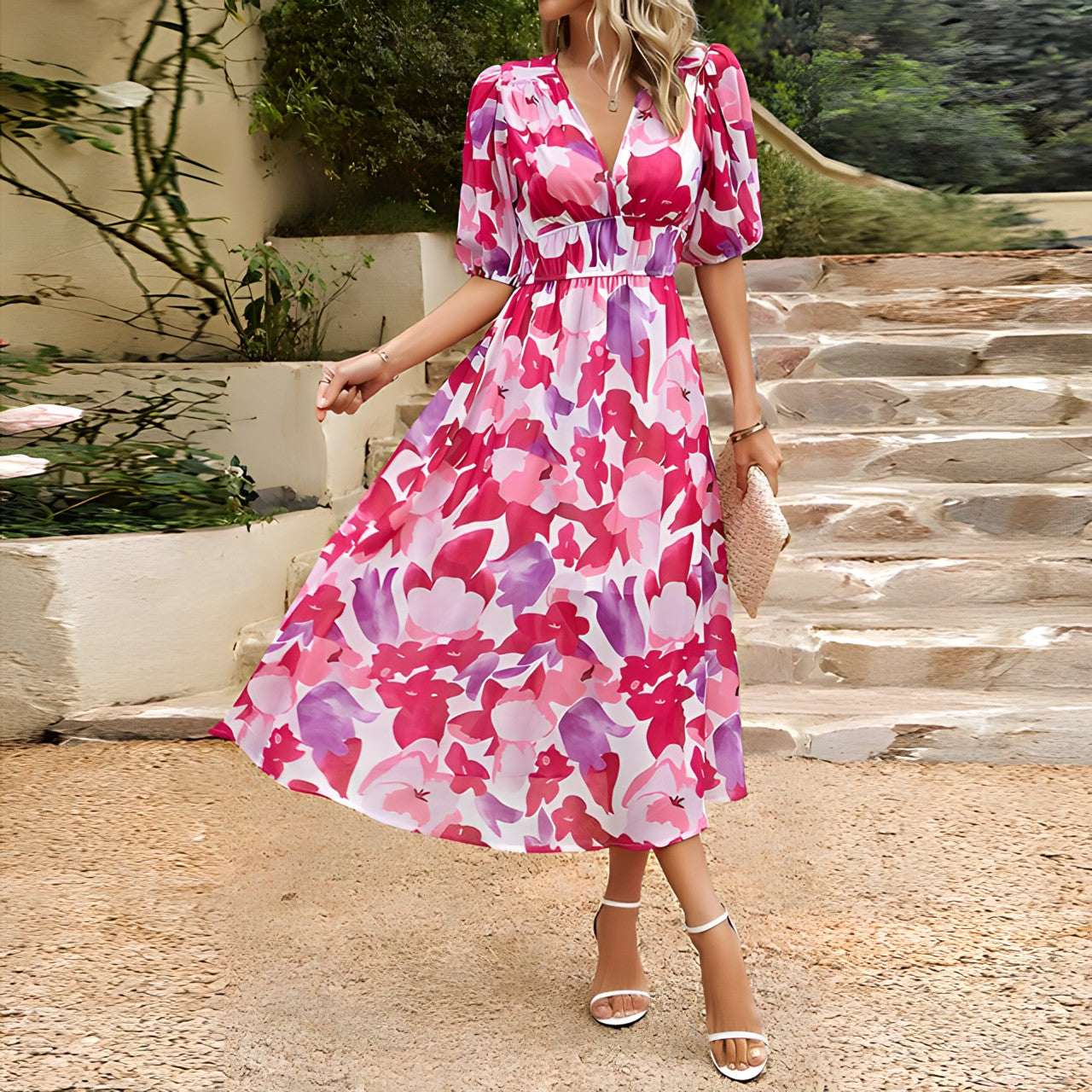 Nadia® | V-Neck Midi Dress Summer Dress
