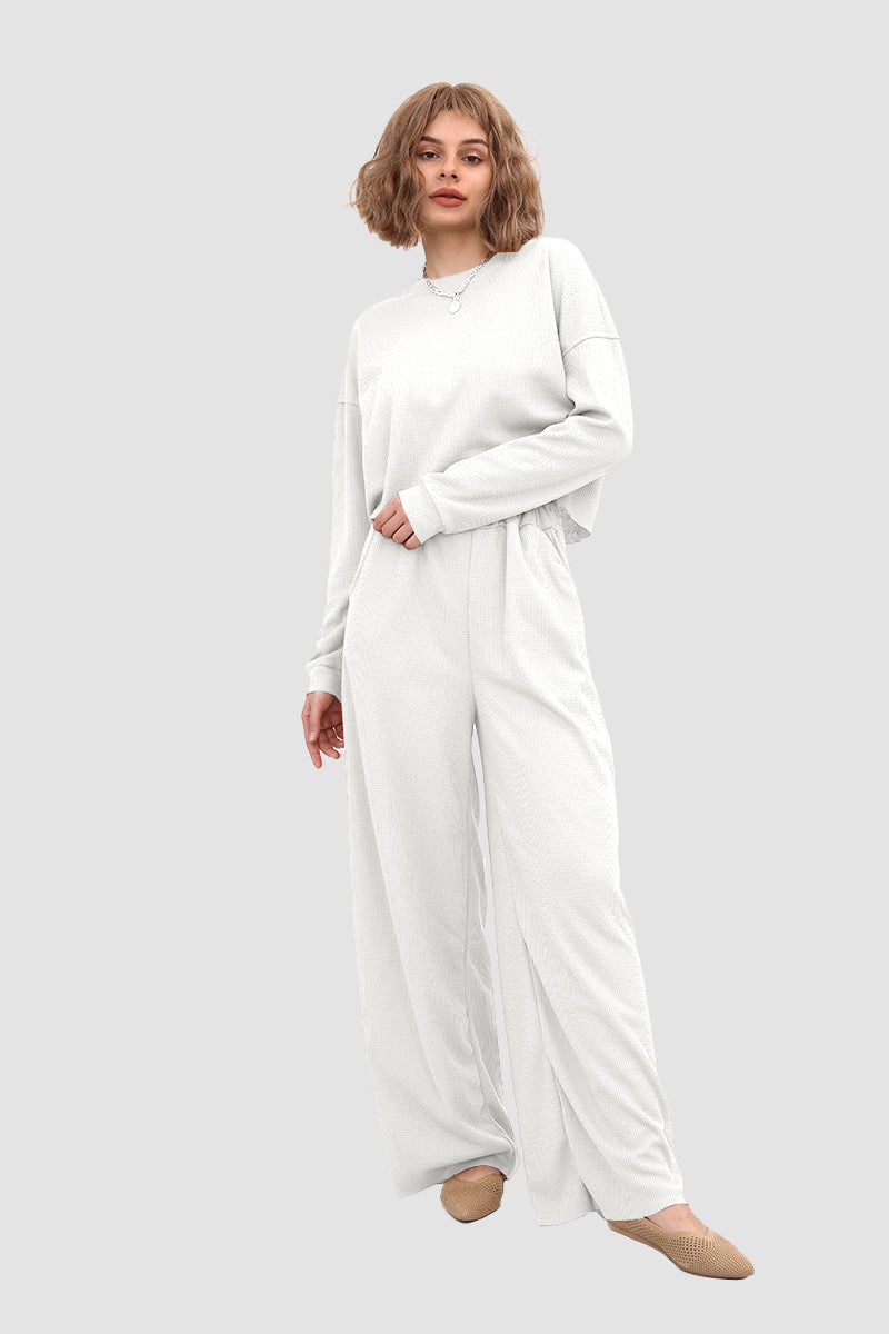 Esther | Solid color waffle sweater top and wide knit pants