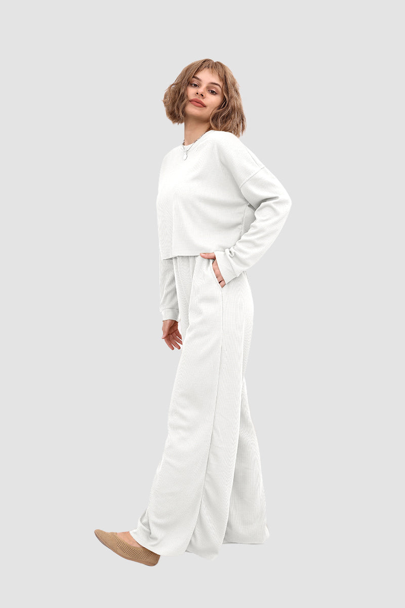 Esther | Solid color waffle sweater top and wide knit pants