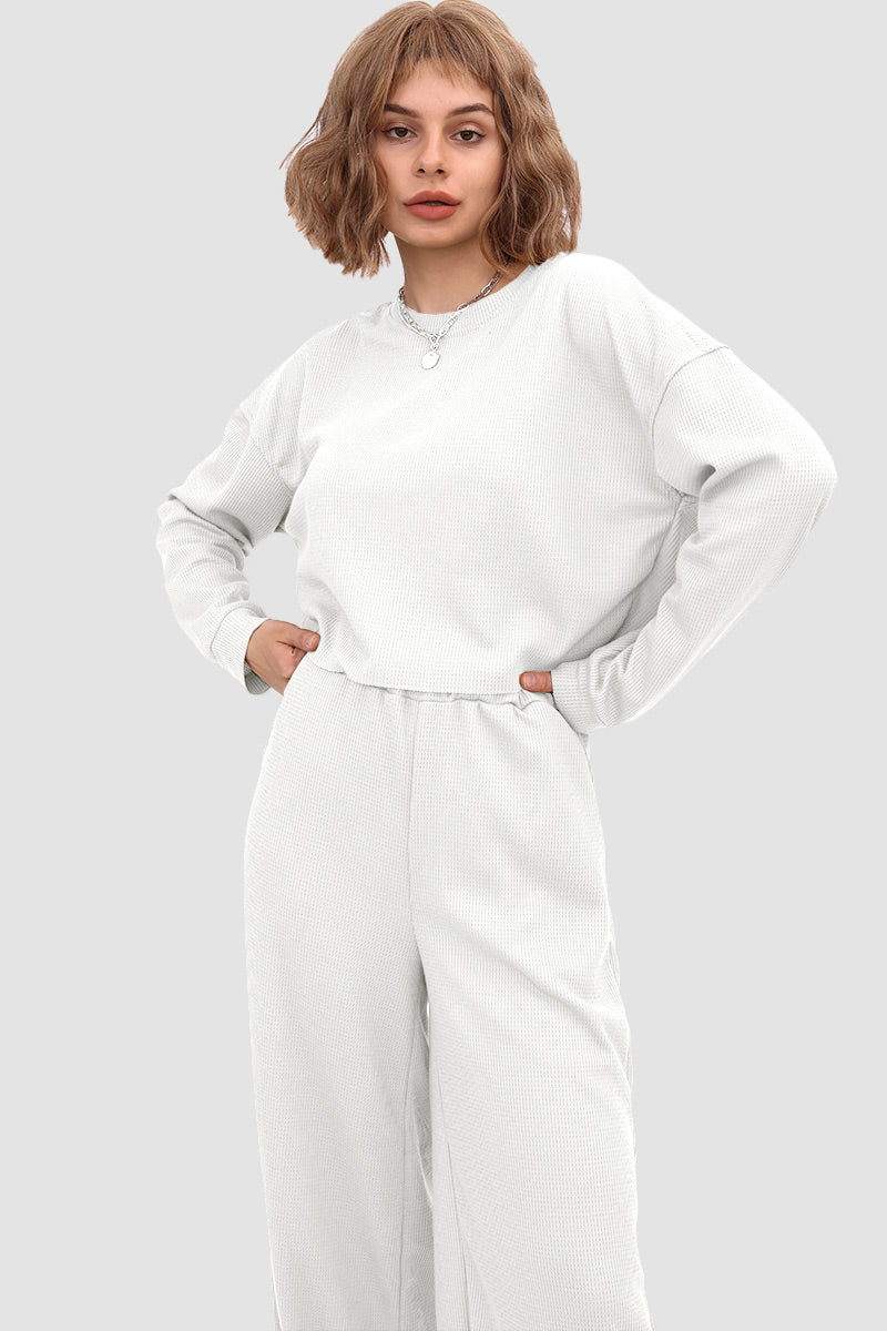 Esther | Solid color waffle sweater top and wide knit pants