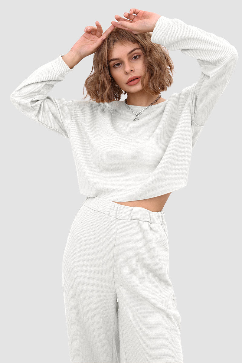 Esther | Solid color waffle sweater top and wide knit pants
