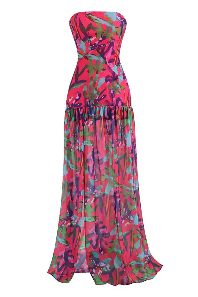 Isis® | Strapless Maxi Dress With Slit And Print